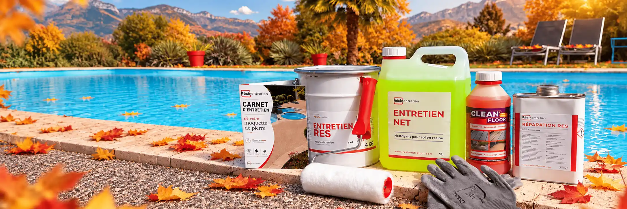 Bord de piscine avec produits d'entretien de moquette de pierre